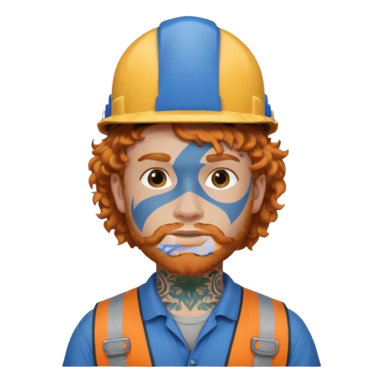 construction worker man ginger curly hair, blue helmet and heavy face tattoo sticker