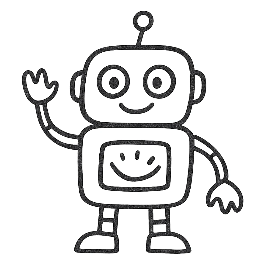 playful robot character with hand-drawn black outline sticker