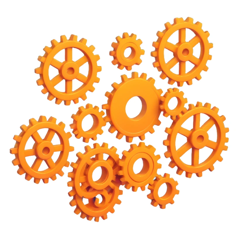 3D style icon of cogs only, no computer, square proportions, modern and dimensional, suitable for a tech interface sticker