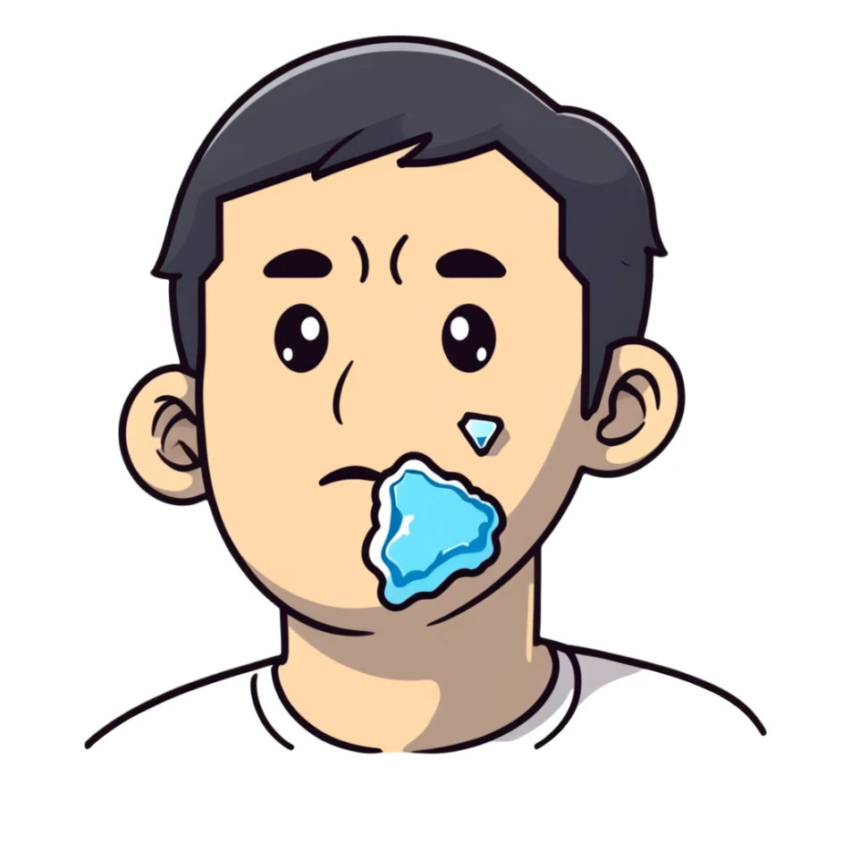 Person holding ice on swollen cheek, painful expression sticker