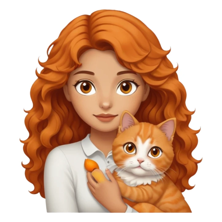 a wavy haired tanned girl with brown eyes and soft features carrying a persian orange cat sticker