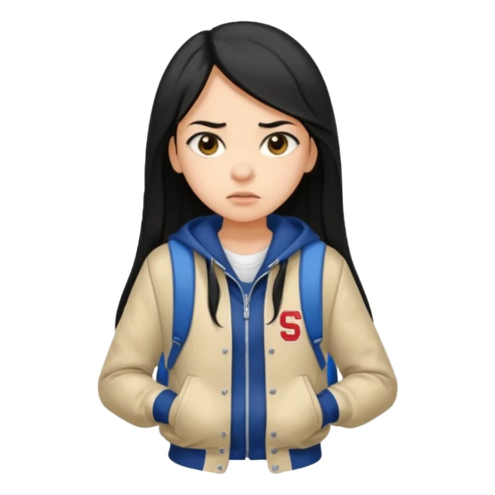 college student with annoyed face , black hair , with varsity jacket and backpack , girl, long hair,  sticker