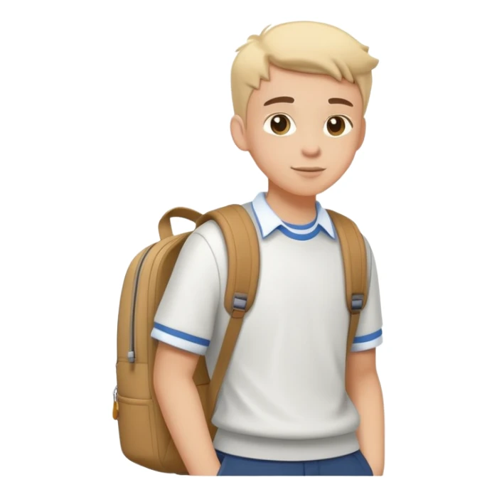 A flat-style illustration of a student character, wearing a backpack and casual school clothes. Clean, minimal cartoon style, white background, iOS emoji aesthetic. sticker