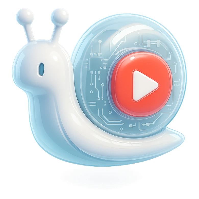 white robot snail with YouTube play button, glossy circuit style sticker
