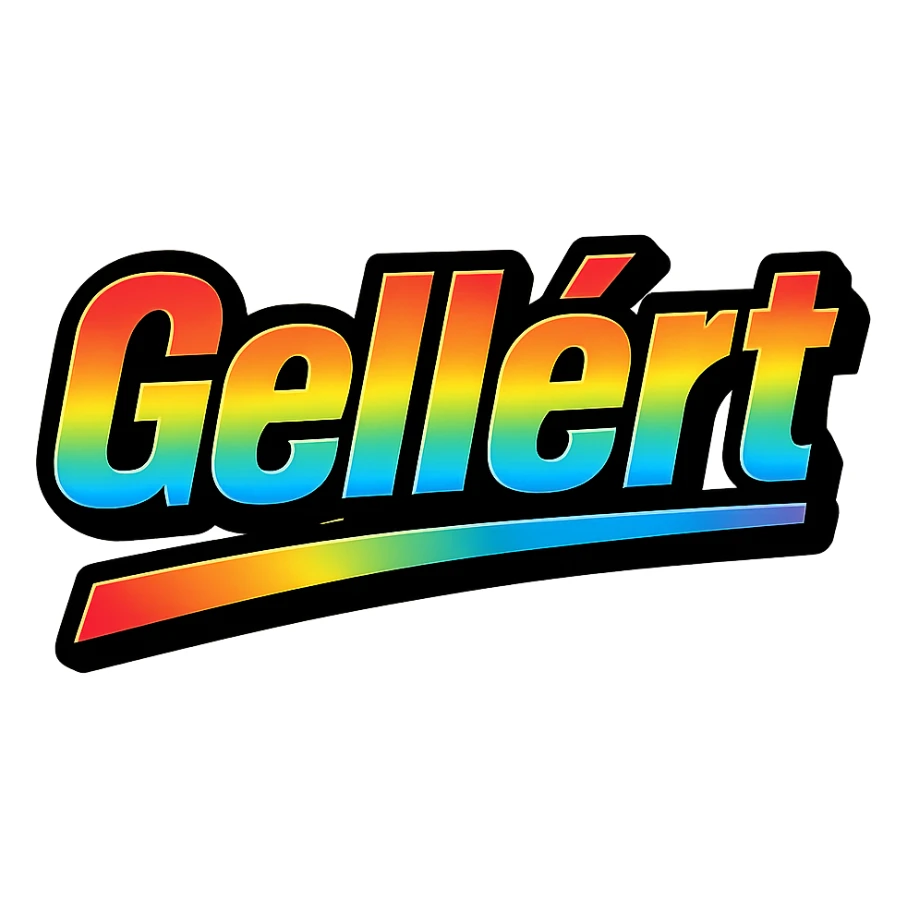 Gellért name in modern gradient font with precise Hungarian characters, dark outline, extra bold, prominent white letter border, dynamic slanted underline, rainbow color gradient, 1000x1000 px, PNG, transparent background sticker