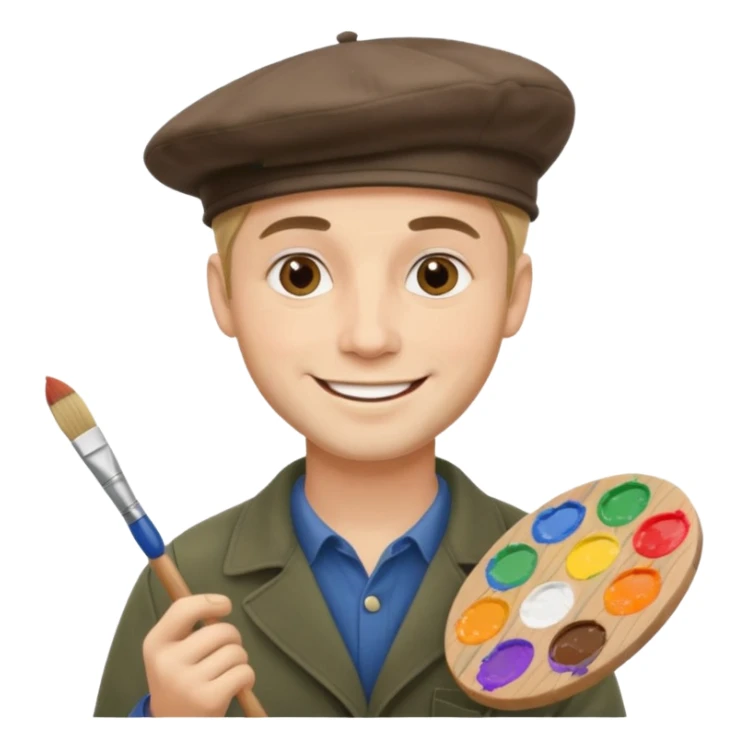 smiling man painter beret paint palette and brush sticker