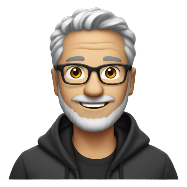 he is 45 years old with rectangular glasses, fair skin, a beard, gray hair, brown eyes. He wears a black hoodie with a chat bubble and inside says Hello with a big smile
 sticker