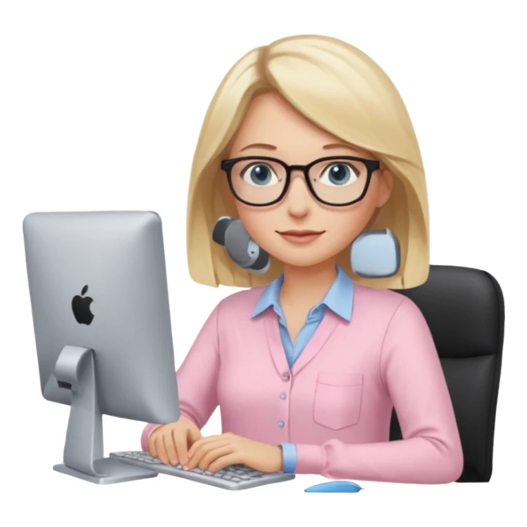 redattrice editoriale. Bionda, capelli lisci biondo scuro, lunghezza media. Occhi azzurri/blu con occhiali. è al pc a lavorare. Indossa una camicetta rosa chiaro sticker
