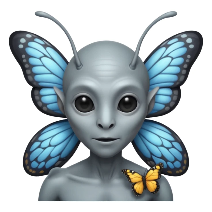 an standard grey alien with seperate a butterfly on shoulder sticker