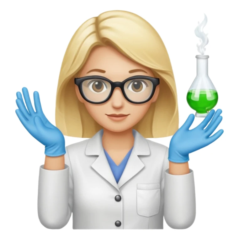 Eine hellblonde Chemikerin mit Kittel, Handschuhen großer Labor-Sicherheitsbrille und typischem Erlmeyerkolben in der Hand sticker
