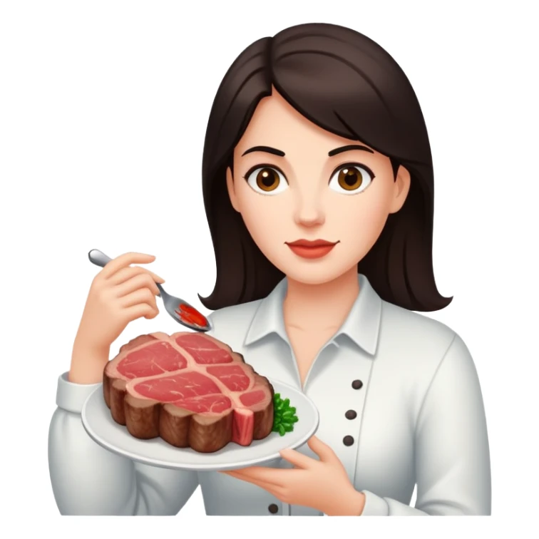 White Woman with dark hair holding a ribeye steak  sticker