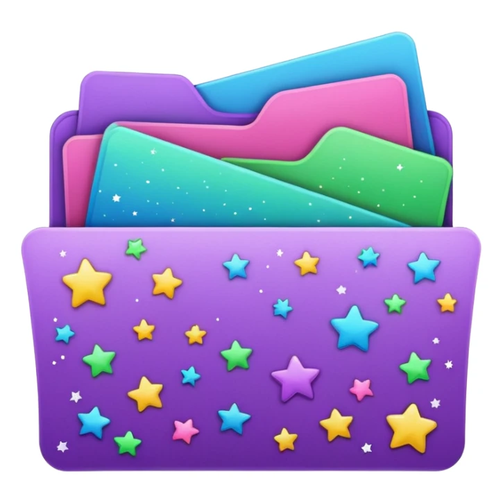 small cute folder icon emoji style, slightly open at the top, several colorful divider tabs peeking out (blue, green, pink, purple), white label area on the front with the word 'Titles' in playful handwriting, small sparkles or stars around the folder sticker
