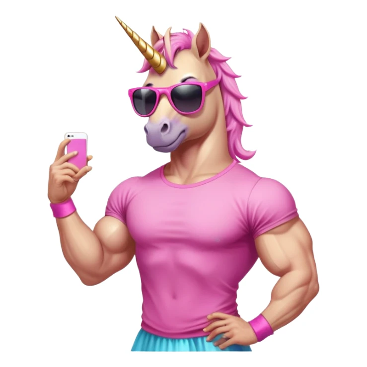 friendly anthropomorphised masculine unicorn with horse-like face, muscular bodybuilder build, in tutu and pink t-shirt, wearing dark sunglasses, relaxed pose, close-crop head and shoulders portrait sticker
