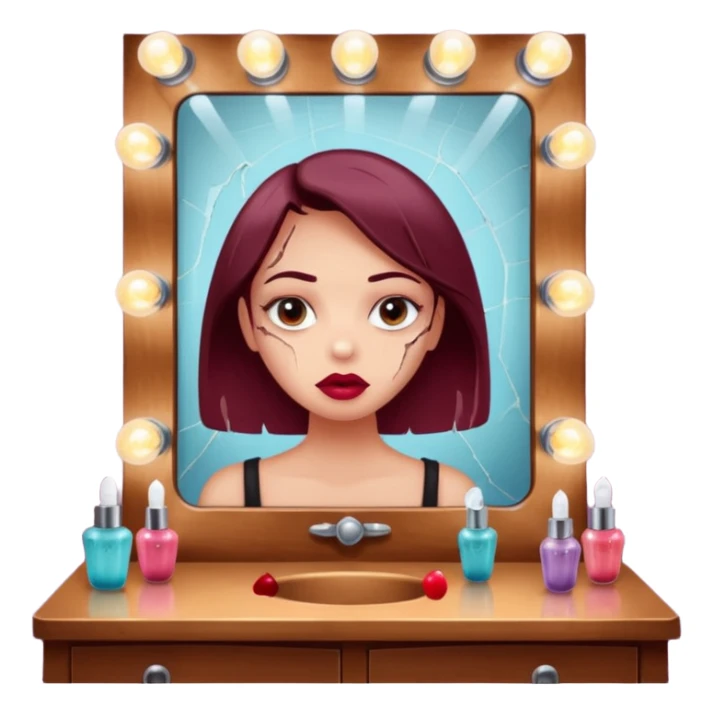 Minimalist emoji-style sticker of a vanity mirror with dim bulbs and cracked glass, words “Am I real yet?” smeared in dusty lipstick tone


 sticker