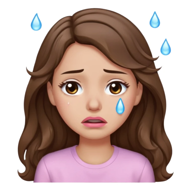 girl with wavy long brown hair, brown eyes, light to medium complexion, long lashes, light pink lipstick, wearing light pink shirt, crying big big tears sticker