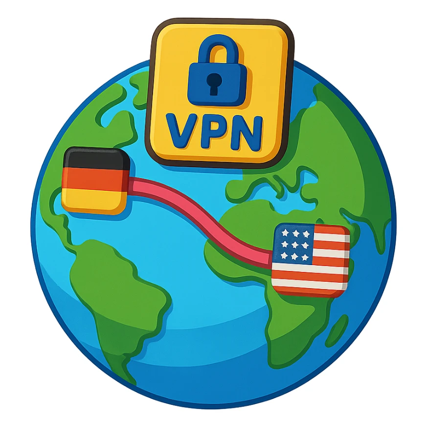 cartoon 3D style globe with VPN showing a connection between Germany and USA sticker