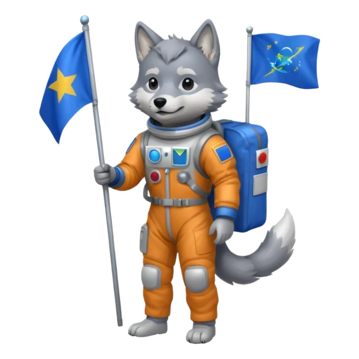 a wolf in space suit, holding blue rectangle flag, full body sticker