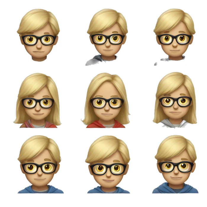 A blond young boy with glasse and a very big mou sticker