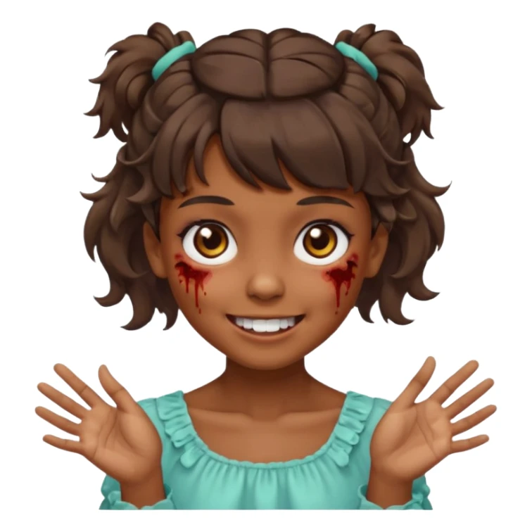 Cabelo ondulado  um pouco cheio e franja curta  Olhos marrons e pequenos e feita d ezumbi mais bonita com cabelo amarro na e com as mãos assim tipo assim🧟‍♀️ sticker