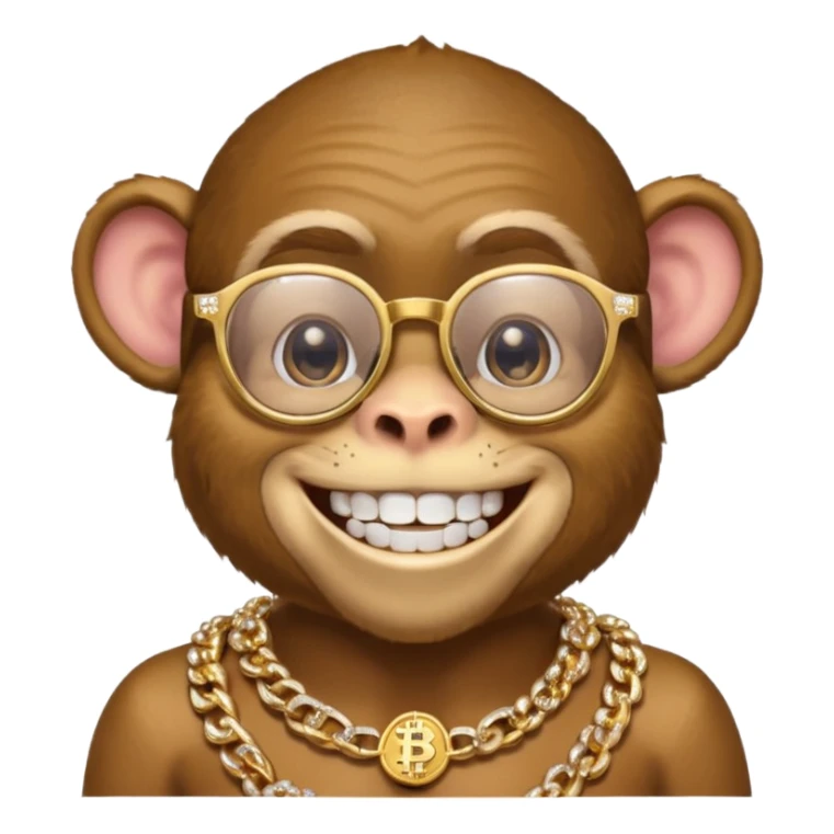rich monkey with glasses smiling with diamond grillz and a bitcoin golden chain with diamond pearls sticker