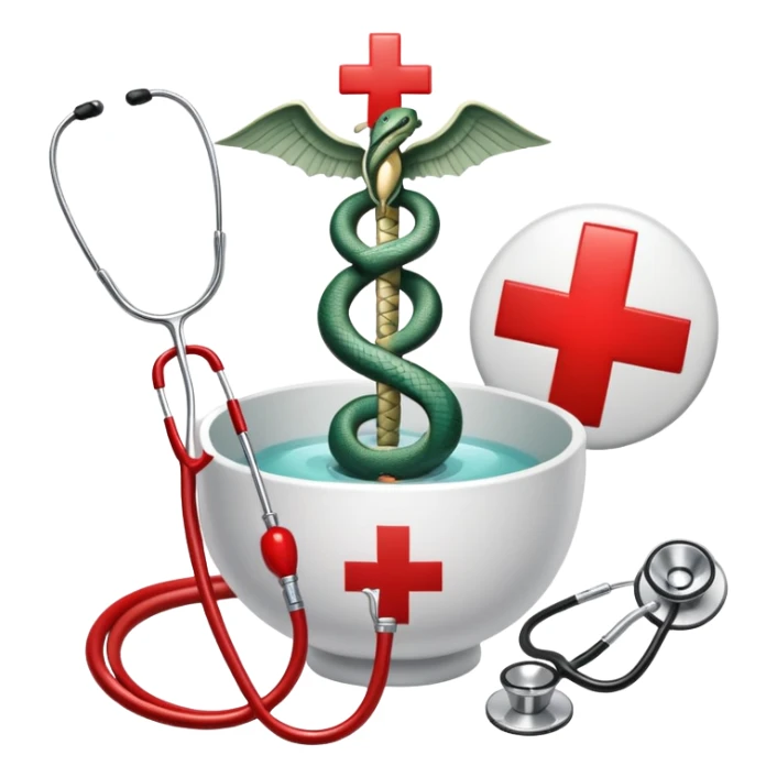 An icon featuring a caduceus (a bowl with a snake), a red cross, and a stethoscope, symbolizing medicine. The design includes medical tools and symbols, representing healthcare, diagnosis, and healing practices. Transparent background highlights the profession and study of medicine. sticker