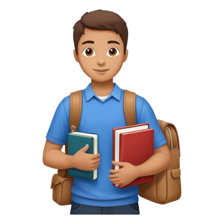 A flat-style illustration of a university student, holding a few textbooks and wearing a messenger bag. Clean, modern cartoon style, white background, iOS emoji aesthetic. sticker