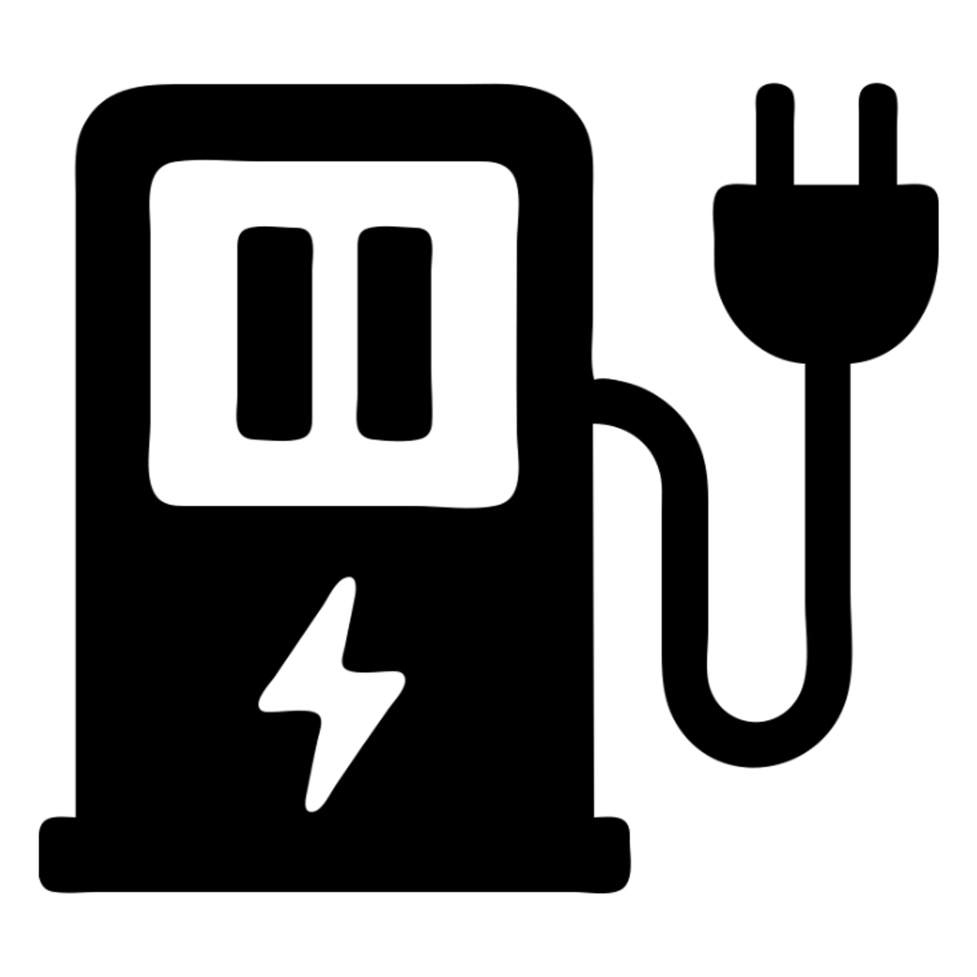 minimalist EV charging paused icon, filled style, clear pause symbol, electric vehicle charging cable, modern, simple, solid black sticker