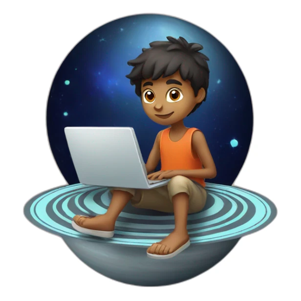 Indian boy with laptop sitting on saturn sticker