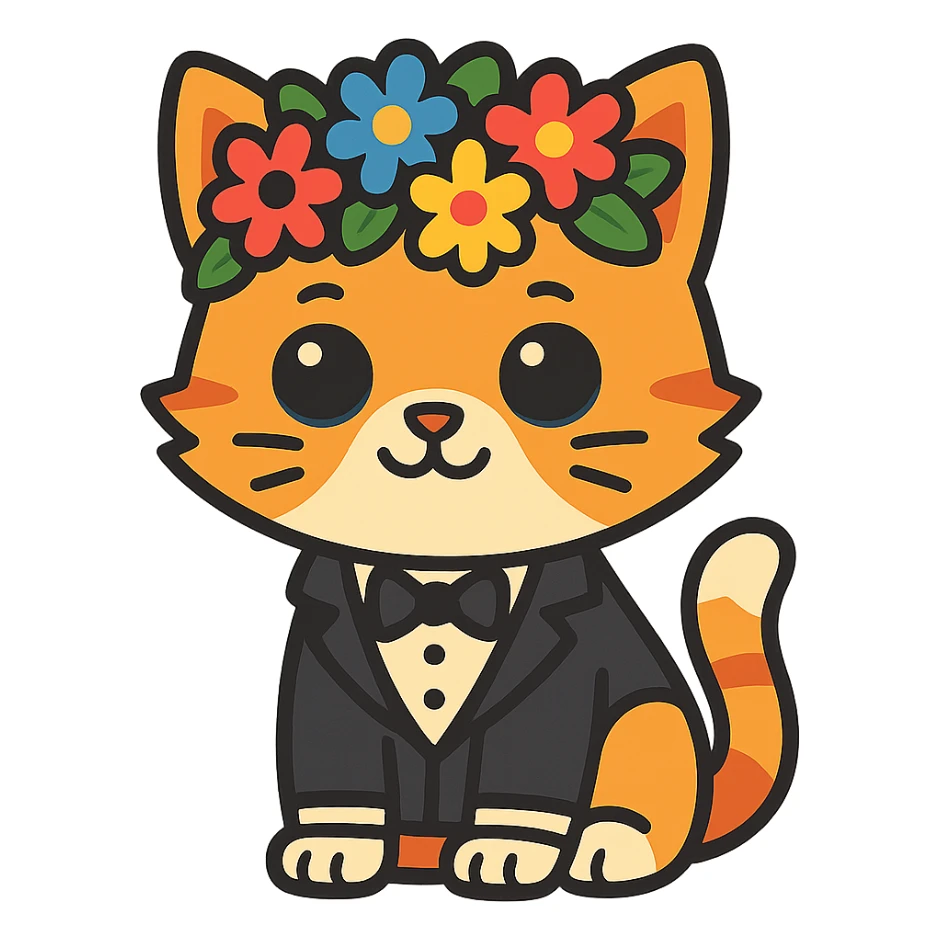 A kitten in a tuxedo with a flower crown sticker