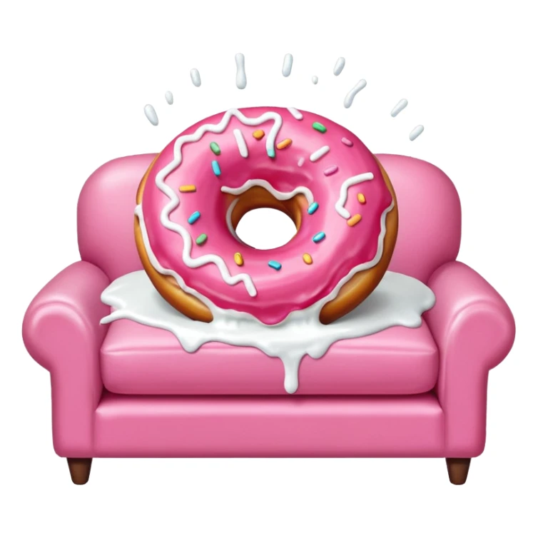 White icing running through a pink donuts hole spilling out onto a couch to make a sticky mess sticker