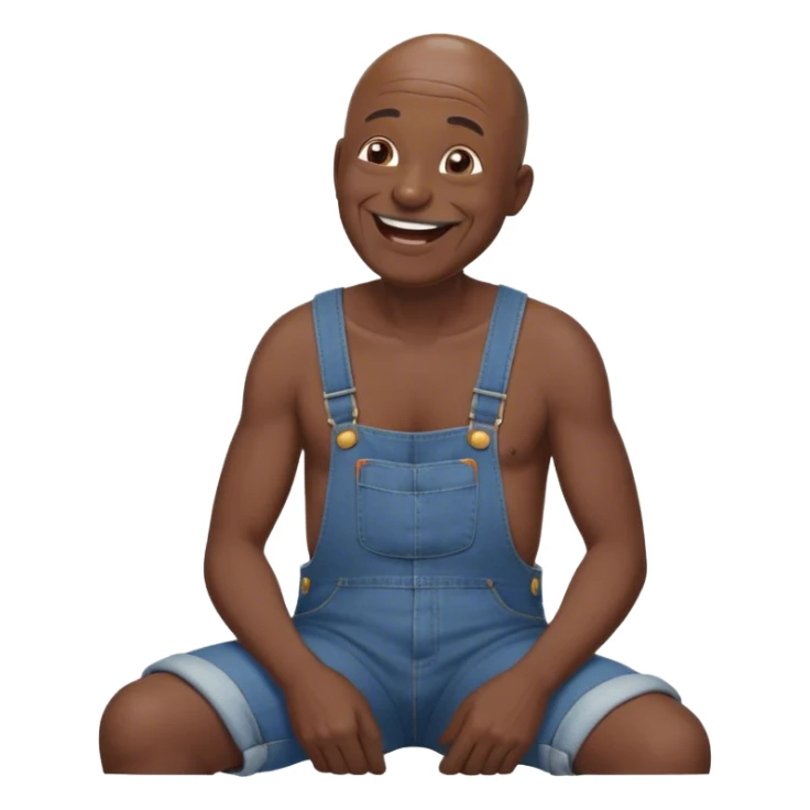 Side view Laughing telling story Old bald black man sitting wearing overalls no shirt sticker