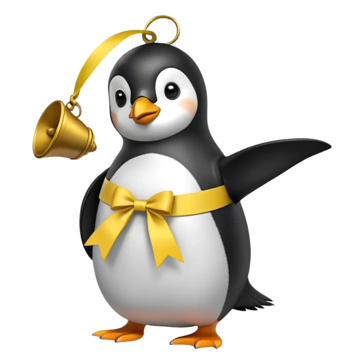 Penguin ringing large bell vigorously with yellow ribbon sticker