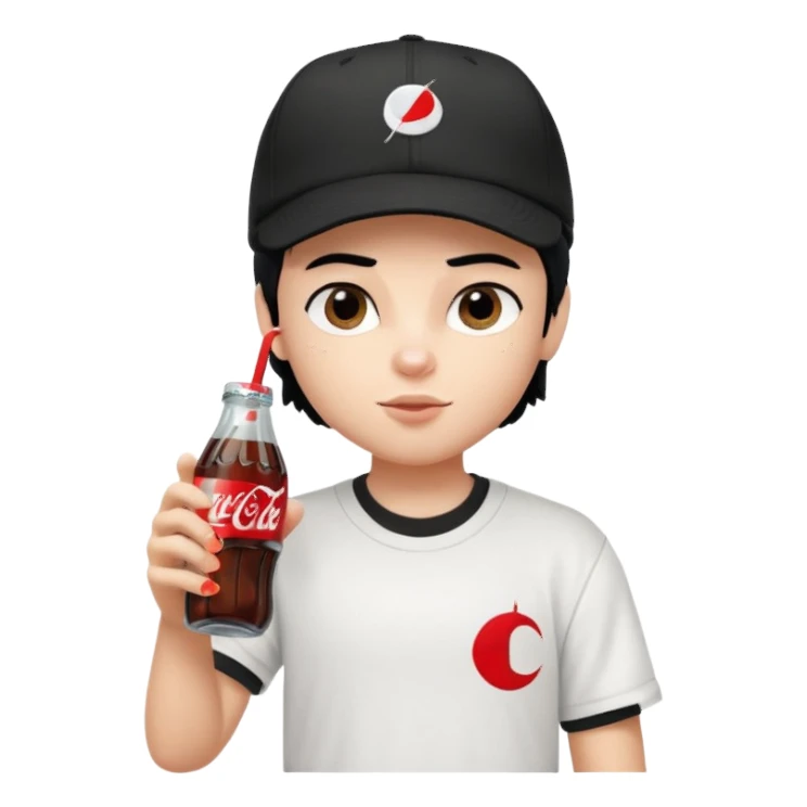 generate a pretty bratz boy with a nike black baseball cap, a white tshirt and drinking coke , black hair sticker