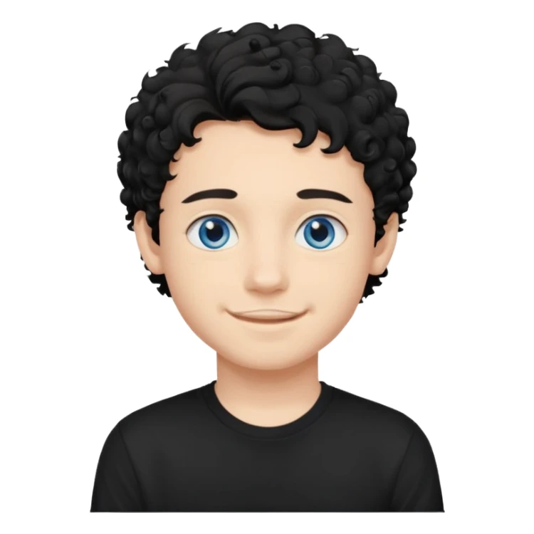 boy, young face like 20 years, blue eyes, medium curly hair black, easy smile, black t-shirt, purple background. sticker