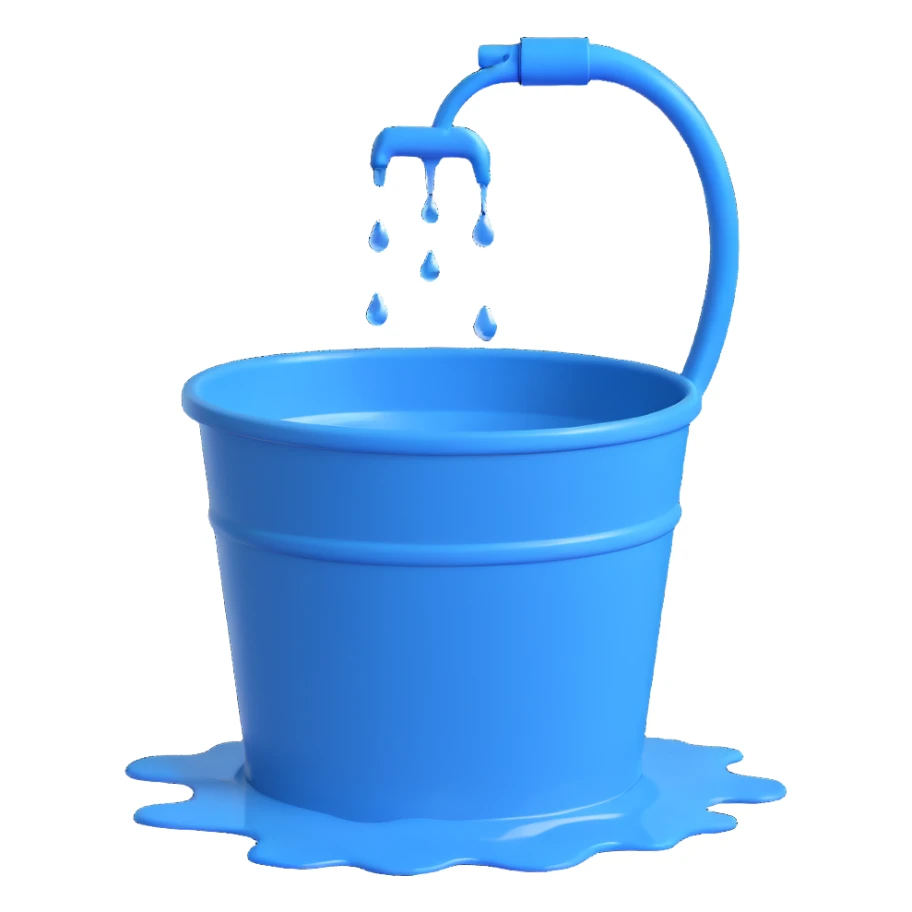 blue bucket of water with a visible leak, water dripping out sticker