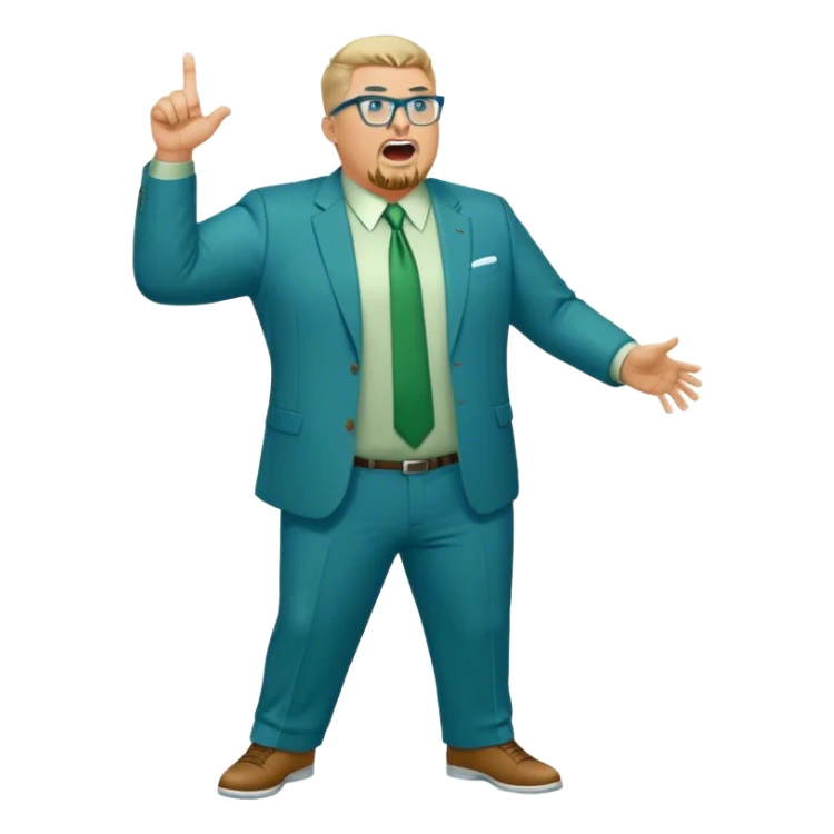 Full Body plus size white male yelling basketball team manager with glasses blondish gray short hair with a goatee wearing blue and green suit sticker