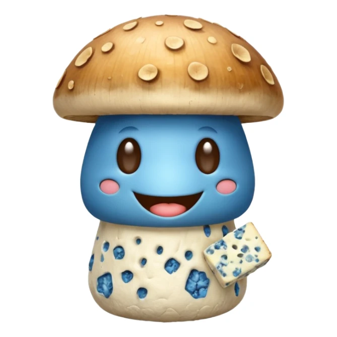 Smiling mushroom holding a stinky blue cheese sticker