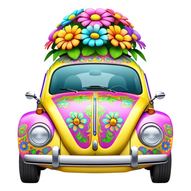 3D, psychedelic colored VW beetle with hippie style flowers sticker