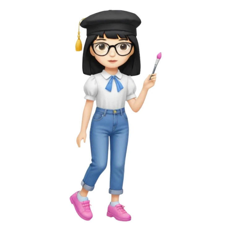 A yellow-skinned girl with long straight black hair, flat bangs, black frame glasses, a white puffy sleeve doll shirt, blue spacious jeans and pink shoes, and a black painter's hat，no yellow spikes. sticker