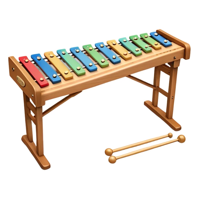 Create a vibrant and detailed emoji representing a large professional wood xylophone. The design should feature the sleek wooden keys of the xylophone, arranged neatly on the frame, with metal bars clearly visible. Add the mallets placed beside the instrument or in motion, highlighting their soft rubber heads. Use warm, natural wood tones for the keys, with subtle metallic accents to reflect the professional quality of the instrument. Add small musical notes or soundwaves around the xylophone to evoke its bright, percussive sound. The background should be transparent. sticker