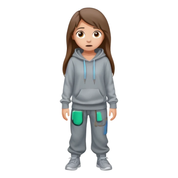 Chica grande  asustada de cuerpo completo mirado a la izquierda con pelo castaño largo y piel blanca  pantalones baggy  grises y hoodie gris  sticker