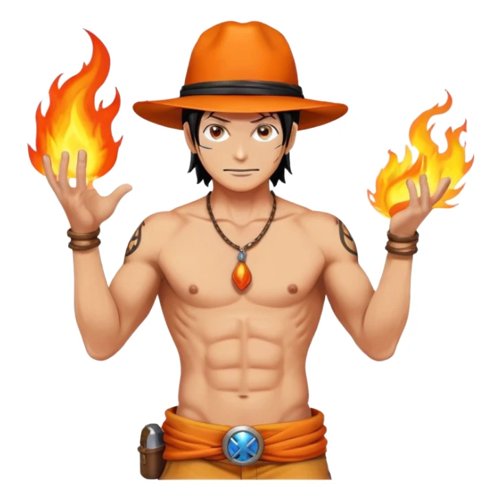 Portgas D. Ace with orange hat, shirtless with ASCE tattoo, fire powers sticker