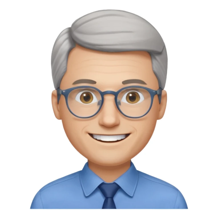 30 yr old pale white man, grey side swept hair, round glasses, big smile, white teeth, handsome, longer hair, thin glasses, blue dress shirt, no tie sticker