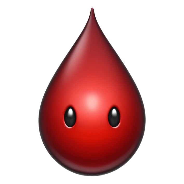 single blood drop emoji sculpted from dark liquid metal, glossy surface, dramatic reflections, futuristic minimal 3D style, isolated on white sticker