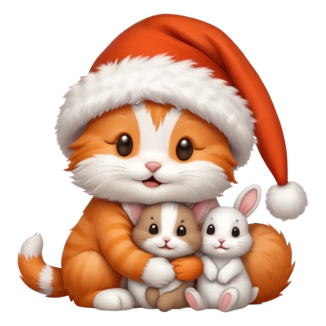 Happy Kitten wearing a Santa hat hugging a cute bunny in a Santa hat sticker