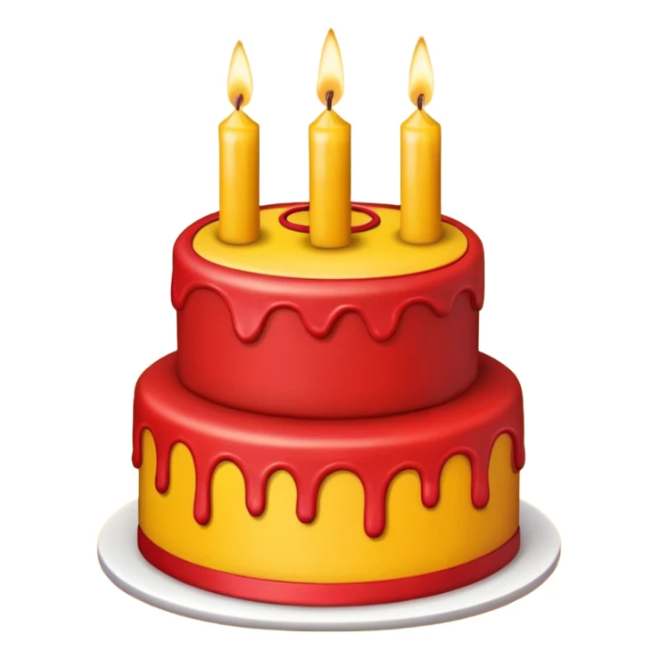 large red and yellow birthday cake with three candles, bright, iOS emoji style, no background sticker