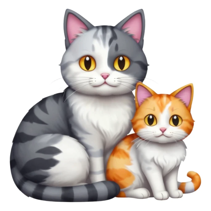 full body large dark grey and white cat cuddling a colourful light patched calico + white tabby cat  sticker