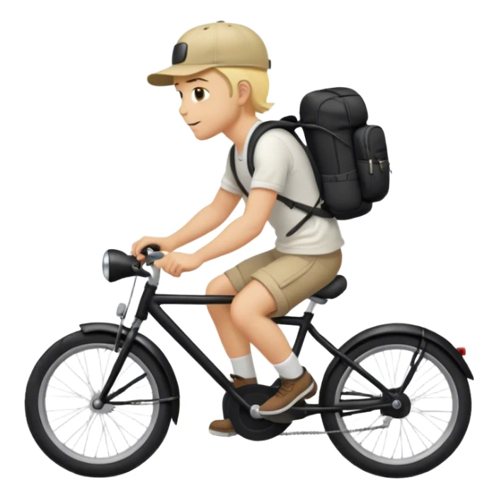 A blond guy in a cap and with a backpack on his back rides a black bike sticker