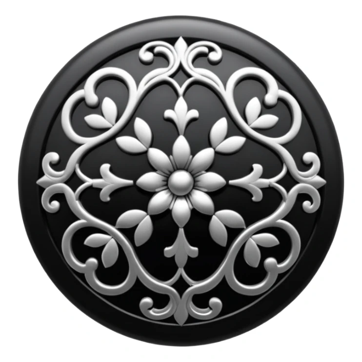 Black and silver filigree round button, 3D, extremely detailed design sticker