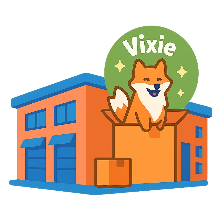 Remove the stroke or outline from the parcel warehouse building emoji with the Vixie Cargo logo, keep the color scheme and no background. sticker